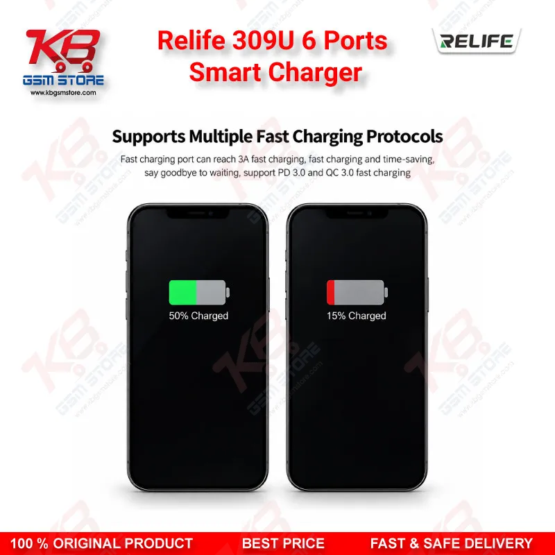 Relife 309U 6 Ports Smart Charger – 72W Dual PD + Dual QC Fast Charging Station for Mobile Repair Workshops