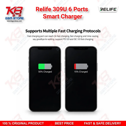Relife 309U 6 Ports Smart Charger – 72W Dual PD + Dual QC Fast Charging Station for Mobile Repair Workshops