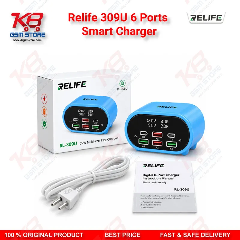 Relife 309U 6 Ports Smart Charger – 72W Dual PD + Dual QC Fast Charging Station for Mobile Repair Workshops