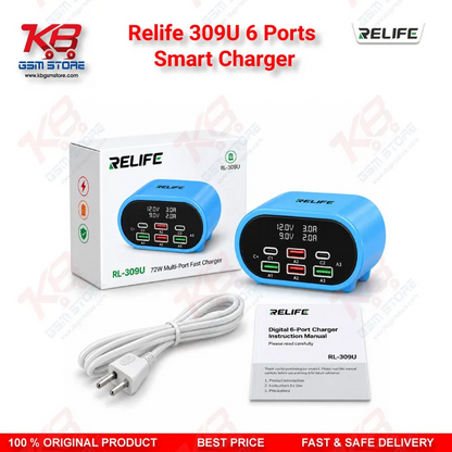 Relife 309U 6 Ports Smart Charger – 72W Dual PD + Dual QC Fast Charging Station for Mobile Repair Workshops
