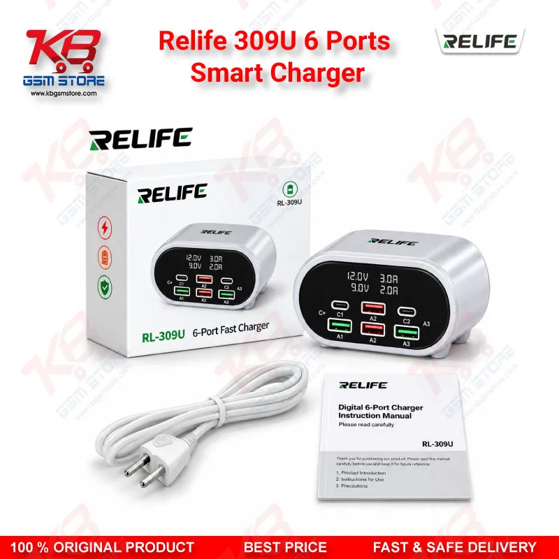 Relife 309U 6 Ports Smart Charger – 72W Dual PD + Dual QC Fast Charging Station for Mobile Repair Workshops