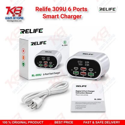 Relife 309U 6 Ports Smart Charger – 72W Dual PD + Dual QC Fast Charging Station for Mobile Repair Workshops