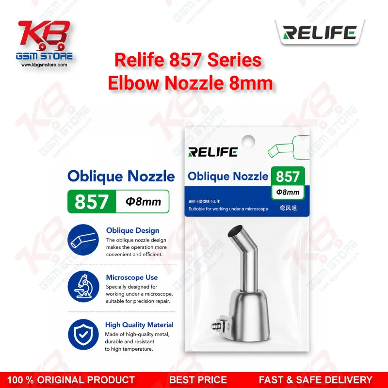 RELIFE 857 Series 45° Elbow Hot Air Nozzle 8mm – Stainless Steel Bent Nozzle for Microscope Rework
