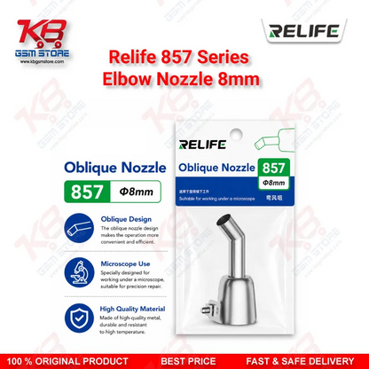 RELIFE 857 Series 45° Elbow Hot Air Nozzle 8mm – Stainless Steel Bent Nozzle for Microscope Rework