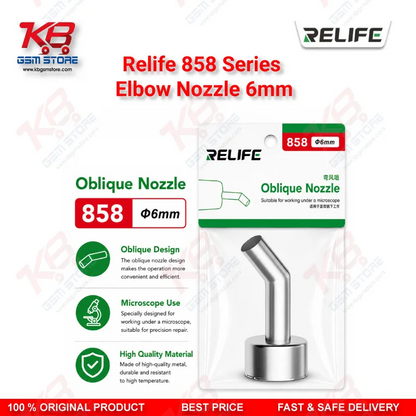 RELIFE 858 Series 6mm Elbow Nozzle – 45° Bent Hot Air Rework Nozzle for BGA & Microscope Repair