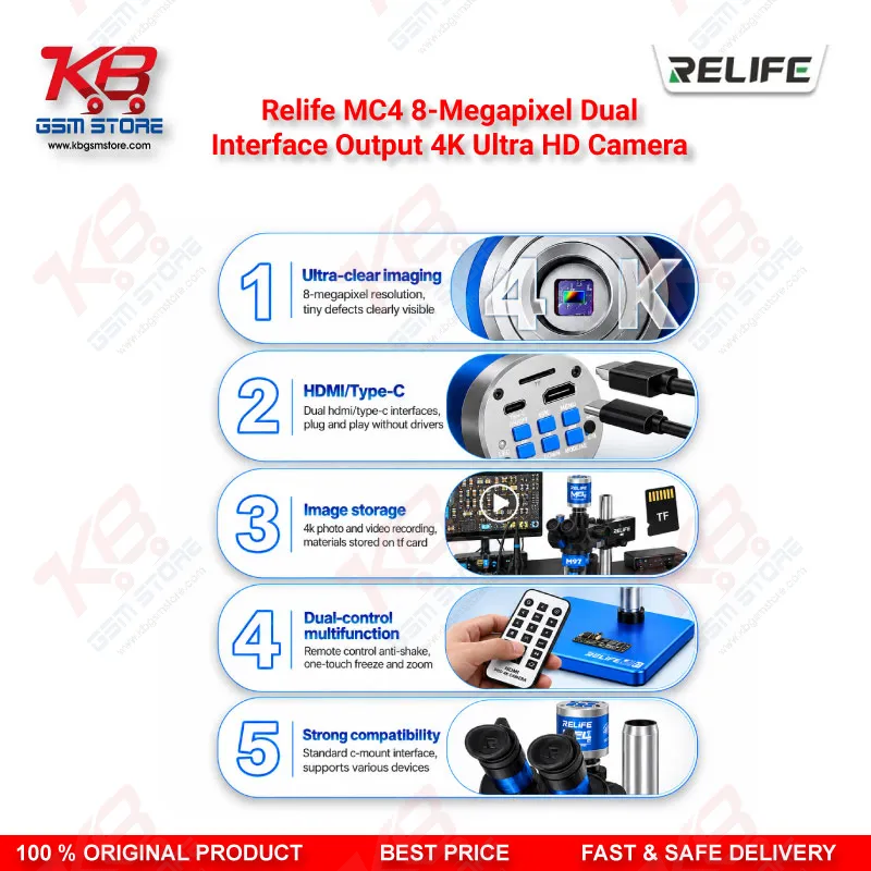 Relife MC4 8-Megapixel Dual-Interface Output 4K Ultra HD Camera – Back-Illuminated CMOS Microscope Camera for PCB and Mobile Repair