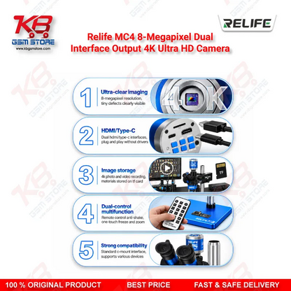 Relife MC4 8-Megapixel Dual-Interface Output 4K Ultra HD Camera – Back-Illuminated CMOS Microscope Camera for PCB and Mobile Repair