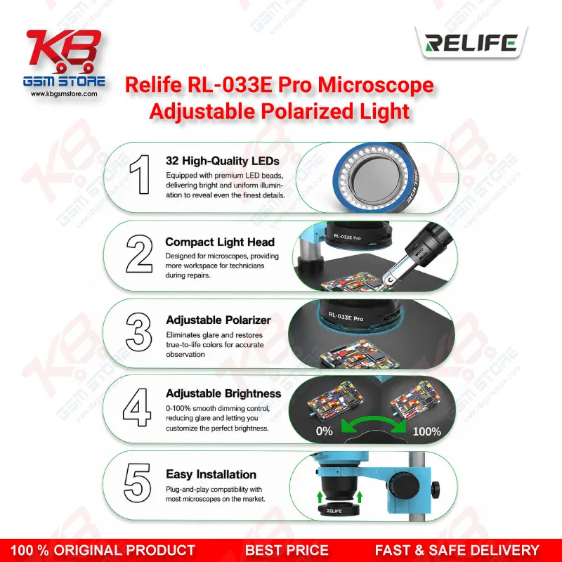 RELIFE RL-033E Pro Adjustable Polarized LED Microscope Light for Mobile Repair