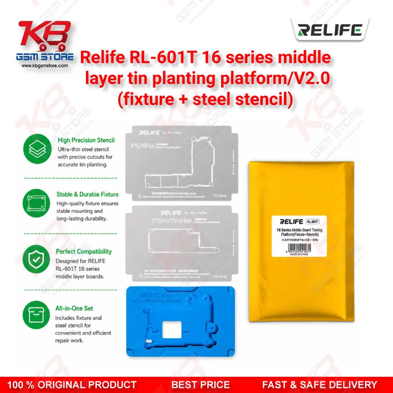 Relife RL-601T V2.0 Middle Layer Tin Planting Platform – 25-in-1 BGA Reballing Fixture with Steel Stencil Set for iPhone X to 16 Pro Max