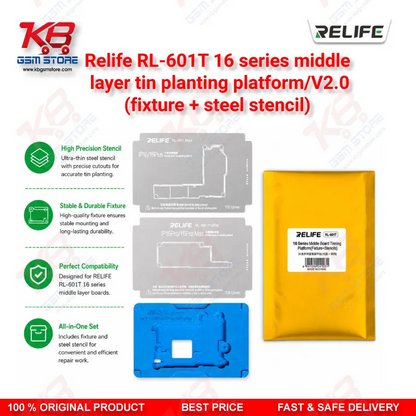 Relife RL-601T V2.0 Middle Layer Tin Planting Platform – 25-in-1 BGA Reballing Fixture with Steel Stencil Set for iPhone X to 16 Pro Max