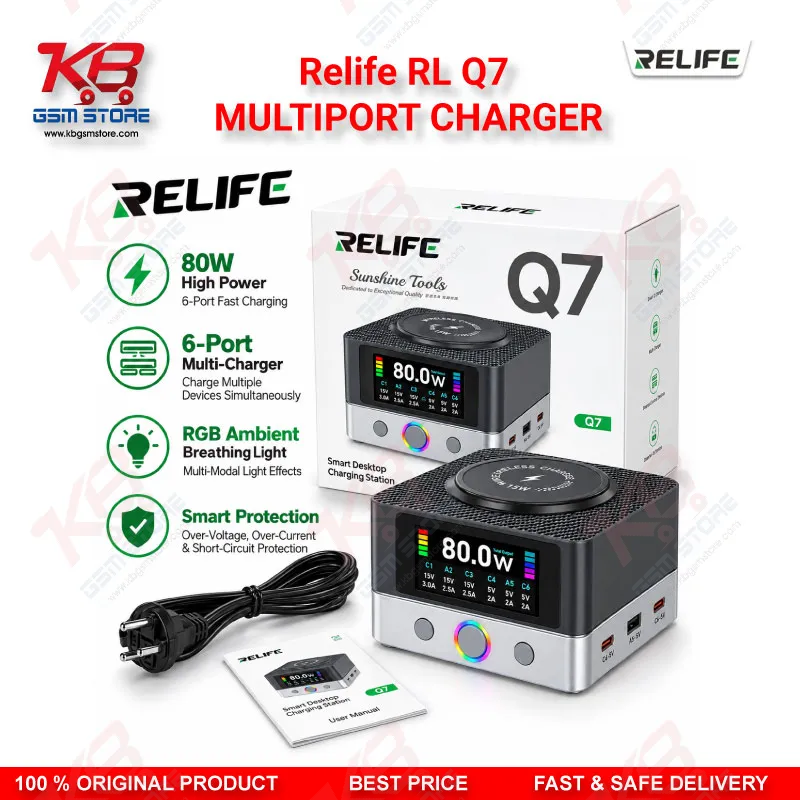 Relife RL Q7 MULTIPORT CHARGER – 80W 6-Port Smart Charging Station with 15W Wireless Charging, 65W PD/PPS and HD Color Screen for Mobile Repair Shops