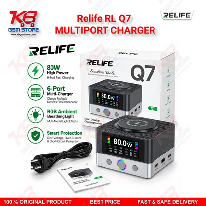 Relife RL Q7 MULTIPORT CHARGER – 80W 6-Port Smart Charging Station with 15W Wireless Charging, 65W PD/PPS and HD Color Screen for Mobile Repair Shops