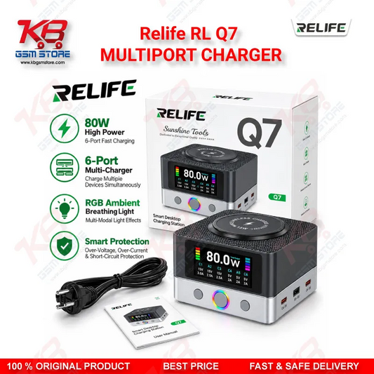 Relife RL Q7 MULTIPORT CHARGER – 80W 6-Port Smart Charging Station with 15W Wireless Charging, 65W PD/PPS and HD Color Screen for Mobile Repair Shops