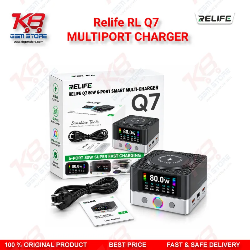 Relife RL Q7 MULTIPORT CHARGER – 80W 6-Port Smart Charging Station with 15W Wireless Charging, 65W PD/PPS and HD Color Screen for Mobile Repair Shops