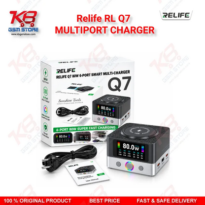 Relife RL Q7 MULTIPORT CHARGER – 80W 6-Port Smart Charging Station with 15W Wireless Charging, 65W PD/PPS and HD Color Screen for Mobile Repair Shops