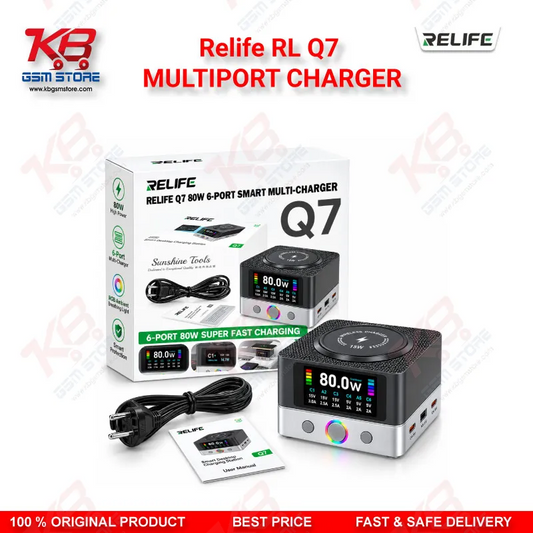 Relife RL Q7 MULTIPORT CHARGER – 80W 6-Port Smart Charging Station with 15W Wireless Charging, 65W PD/PPS and HD Color Screen for Mobile Repair Shops
