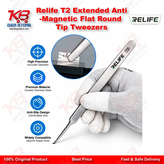 Relife T2 Extended Anti-Magnetic Flat Round Tip Tweezers