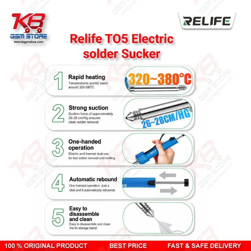 Relife TO5 Electric Solder Sucker – 30W Desoldering Gun for Mobile PCB Repair