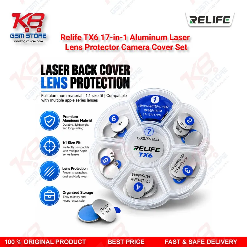 Relife TX6 17-in-1 Aluminum Laser Lens Protector Camera Cover Set for iPhone 8 to iPhone 17 Pro Max Laser Back Glass Removal