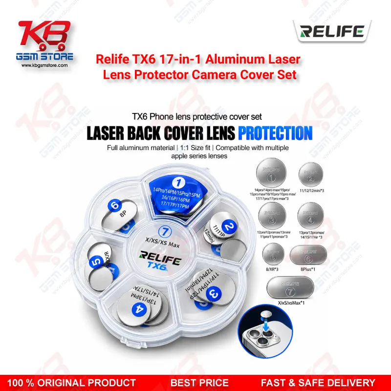 Relife TX6 17-in-1 Aluminum Laser Lens Protector Camera Cover Set for iPhone 8 to iPhone 17 Pro Max Laser Back Glass Removal