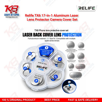 Relife TX6 17-in-1 Aluminum Laser Lens Protector Camera Cover Set for iPhone 8 to iPhone 17 Pro Max Laser Back Glass Removal