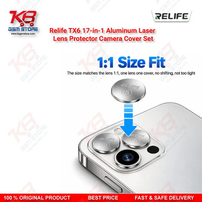 Relife TX6 17-in-1 Aluminum Laser Lens Protector Camera Cover Set for iPhone 8 to iPhone 17 Pro Max Laser Back Glass Removal