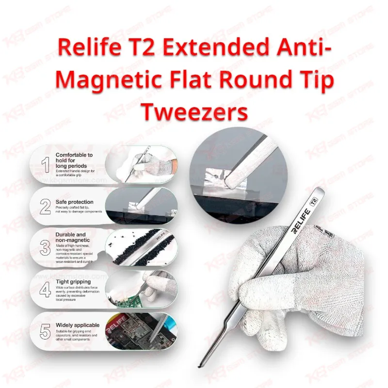 Relife T2 Extended Anti-Magnetic Flat Round Tip Tweezers