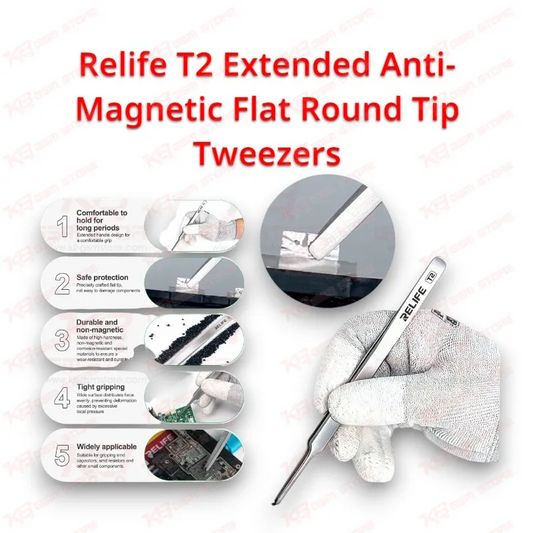 Relife T2 Extended Anti-Magnetic Flat Round Tip Tweezers