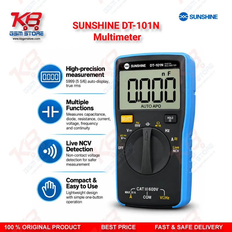SUNSHINE DT-101N Multimeter – Auto-Range True RMS Digital Multimeter for Mobile Phone Repair Diagnostics