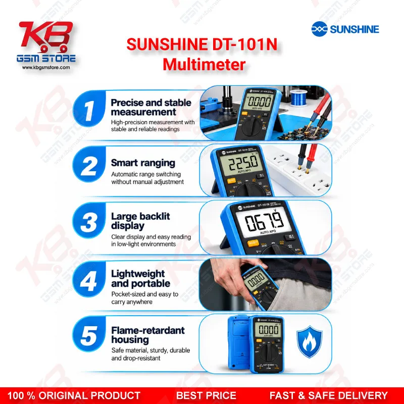 SUNSHINE DT-101N Multimeter – Auto-Range True RMS Digital Multimeter for Mobile Phone Repair Diagnostics
