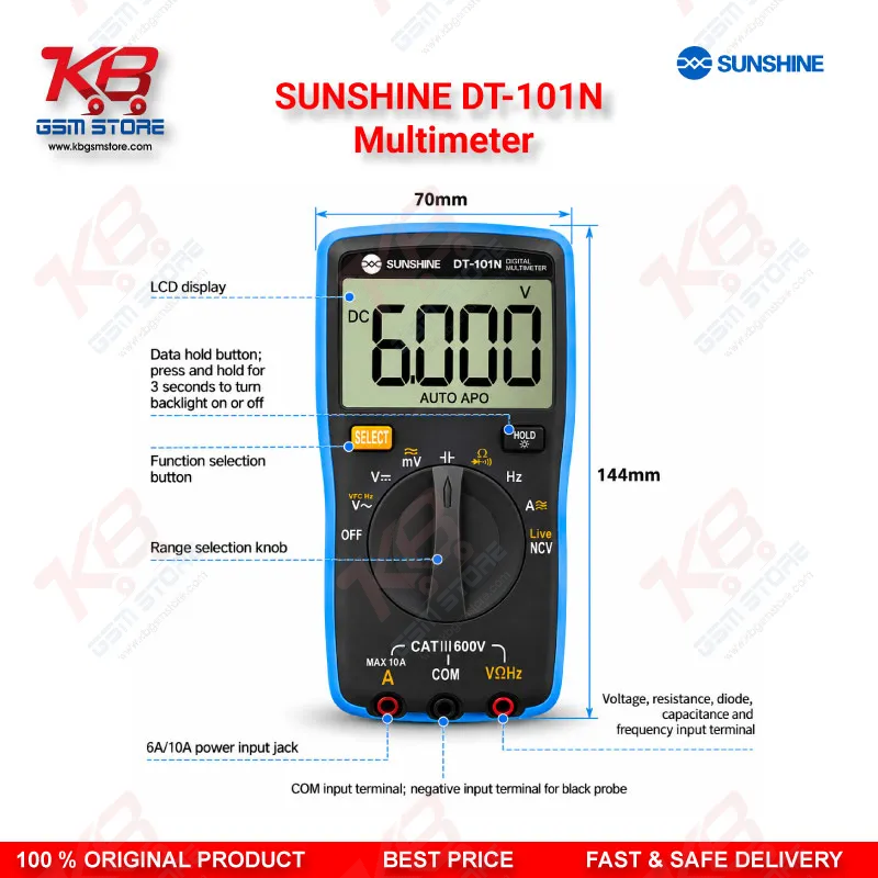 SUNSHINE DT-101N Multimeter – Auto-Range True RMS Digital Multimeter for Mobile Phone Repair Diagnostics