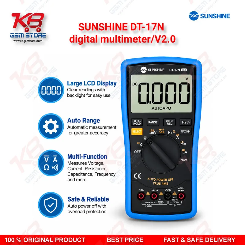 SUNSHINE DT-17N digital multimeter/V2.0 – Auto-Ranging Digital Multimeter with NCV, Temperature Test & Backlit Display for Mobile Repair Technicians
