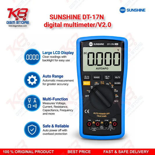 SUNSHINE DT-17N digital multimeter/V2.0 – Auto-Ranging Digital Multimeter with NCV, Temperature Test & Backlit Display for Mobile Repair Technicians