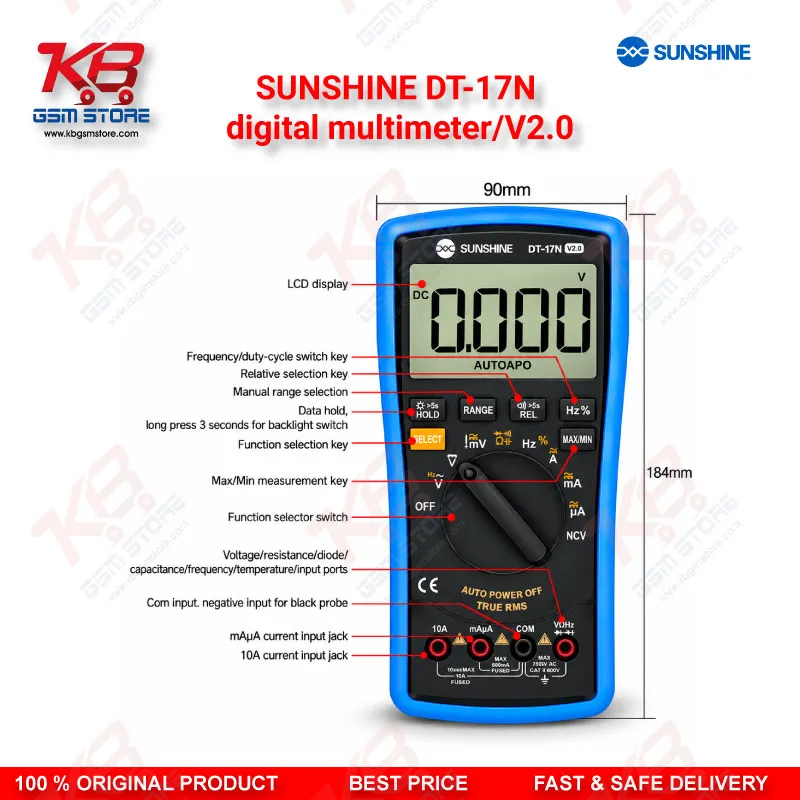 SUNSHINE DT-17N digital multimeter/V2.0 – Auto-Ranging Digital Multimeter with NCV, Temperature Test & Backlit Display for Mobile Repair Technicians