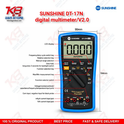 SUNSHINE DT-17N digital multimeter/V2.0 – Auto-Ranging Digital Multimeter with NCV, Temperature Test & Backlit Display for Mobile Repair Technicians