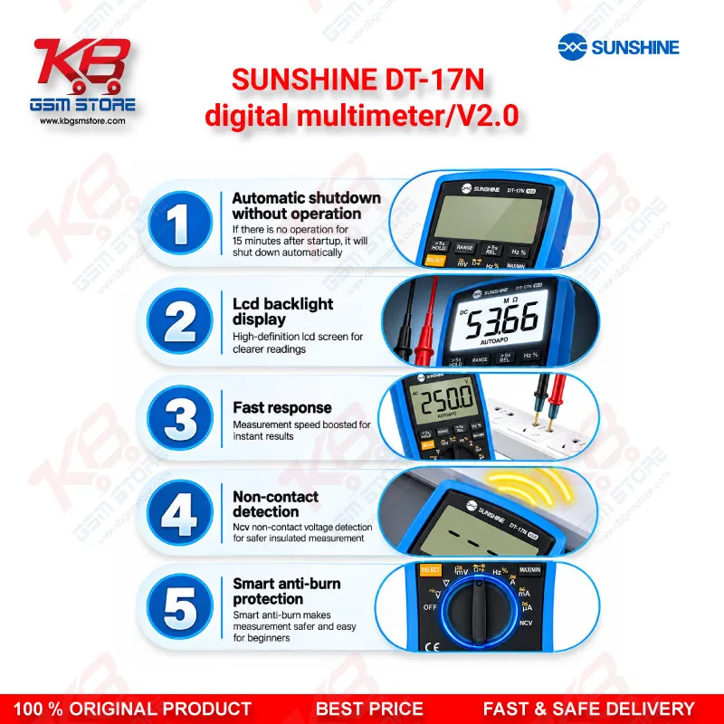 SUNSHINE DT-17N digital multimeter/V2.0 – Auto-Ranging Digital Multimeter with NCV, Temperature Test & Backlit Display for Mobile Repair Technicians
