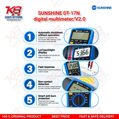 SUNSHINE DT-17N digital multimeter/V2.0 – Auto-Ranging Digital Multimeter with NCV, Temperature Test & Backlit Display for Mobile Repair Technicians