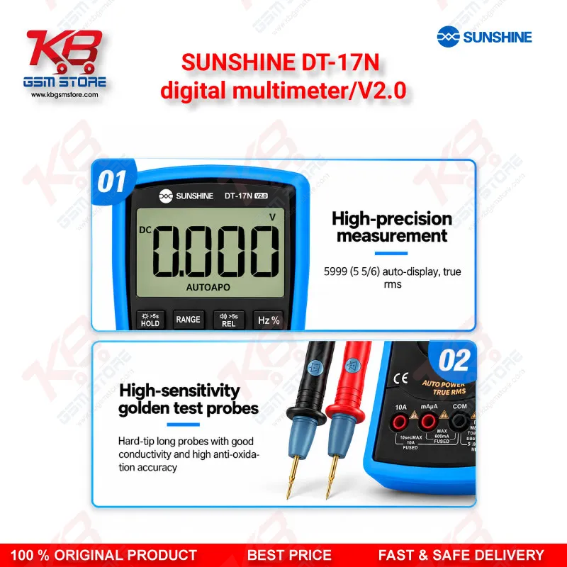 SUNSHINE DT-17N digital multimeter/V2.0 – Auto-Ranging Digital Multimeter with NCV, Temperature Test & Backlit Display for Mobile Repair Technicians