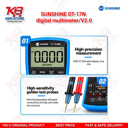 SUNSHINE DT-17N digital multimeter/V2.0 – Auto-Ranging Digital Multimeter with NCV, Temperature Test & Backlit Display for Mobile Repair Technicians