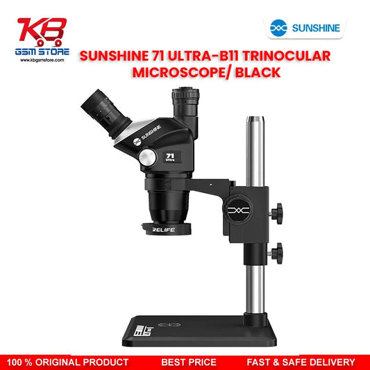 SUNSHINE 71 Ultra-B11 Black Trinocular Microscope — 6.5X–55X Continuous Zoom Stereo Microscope for Mobile PCB Repair