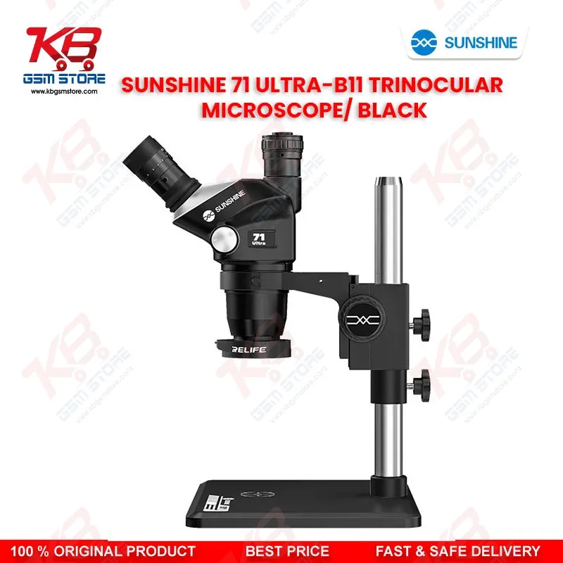 SUNSHINE 71 Ultra-B11 Black Trinocular Microscope — 6.5X–55X Continuous Zoom Stereo Microscope for Mobile PCB Repair