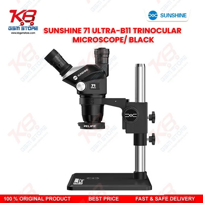 SUNSHINE 71 Ultra-B11 Black Trinocular Microscope — 6.5X–55X Continuous Zoom Stereo Microscope for Mobile PCB Repair