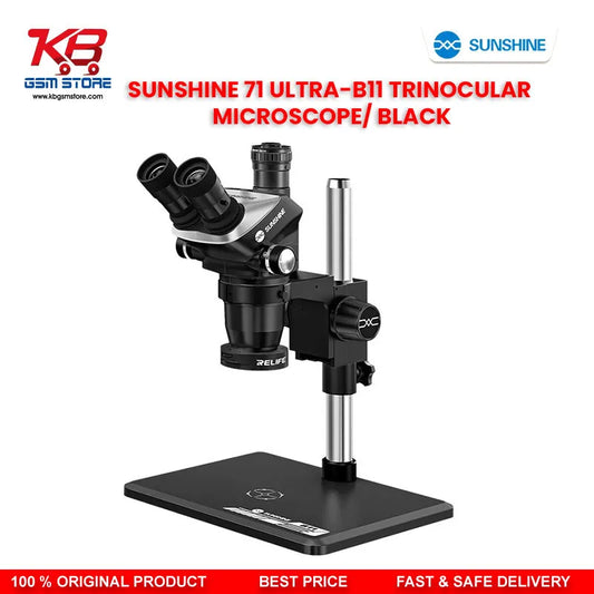 SUNSHINE 71 Ultra-B11 Black Trinocular Microscope — 6.5X–55X Continuous Zoom Stereo Microscope for Mobile PCB Repair