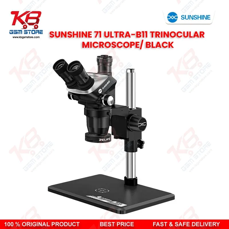 SUNSHINE 71 Ultra-B11 Black Trinocular Microscope — 6.5X–55X Continuous Zoom Stereo Microscope for Mobile PCB Repair