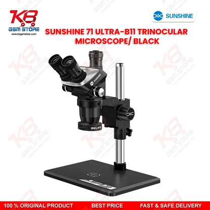 SUNSHINE 71 Ultra-B11 Black Trinocular Microscope — 6.5X–55X Continuous Zoom Stereo Microscope for Mobile PCB Repair