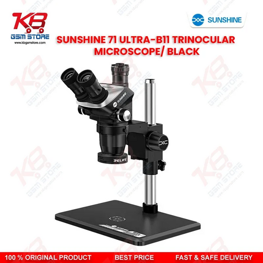 SUNSHINE 71 Ultra-B11 Black Trinocular Microscope — 6.5X–55X Continuous Zoom Stereo Microscope for Mobile PCB Repair