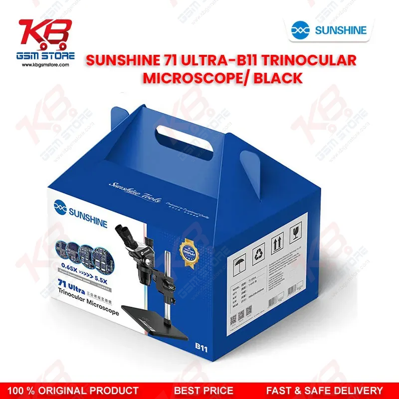 SUNSHINE 71 Ultra-B11 Black Trinocular Microscope — 6.5X–55X Continuous Zoom Stereo Microscope for Mobile PCB Repair