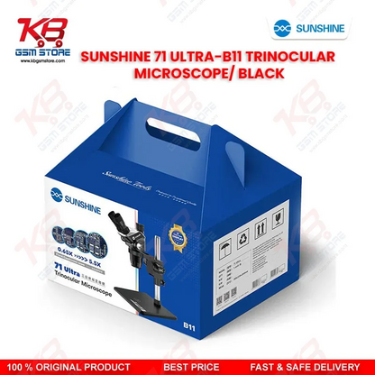 SUNSHINE 71 Ultra-B11 Black Trinocular Microscope — 6.5X–55X Continuous Zoom Stereo Microscope for Mobile PCB Repair