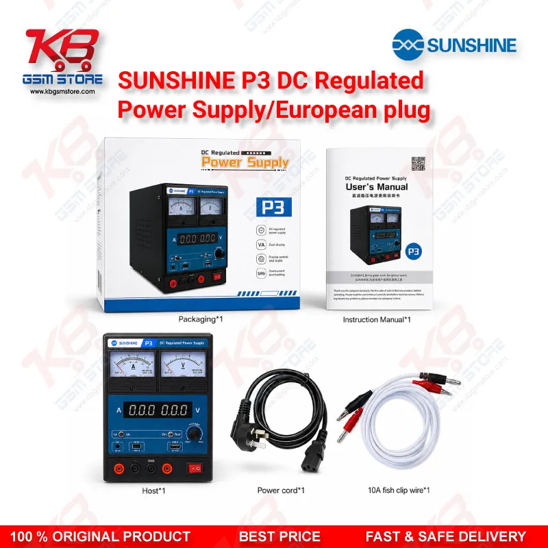 SUNSHINE P3 DC Regulated Power Supply – 5V/8.4V/15V Dual Display (European Plug)
