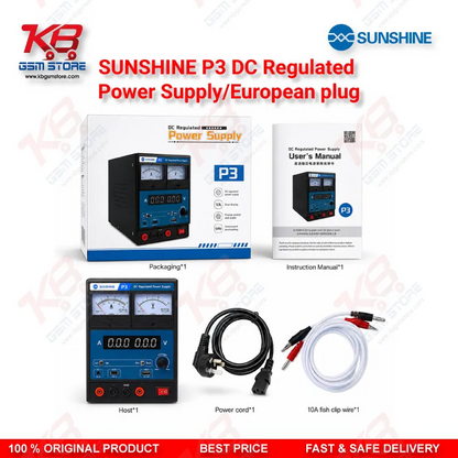 SUNSHINE P3 DC Regulated Power Supply – 5V/8.4V/15V Dual Display (European Plug)